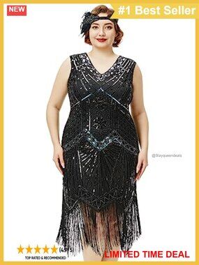 Plus Size Fringe Sequin Flapper Dress 1920s Gatsby Cocktail V-Neck Midi